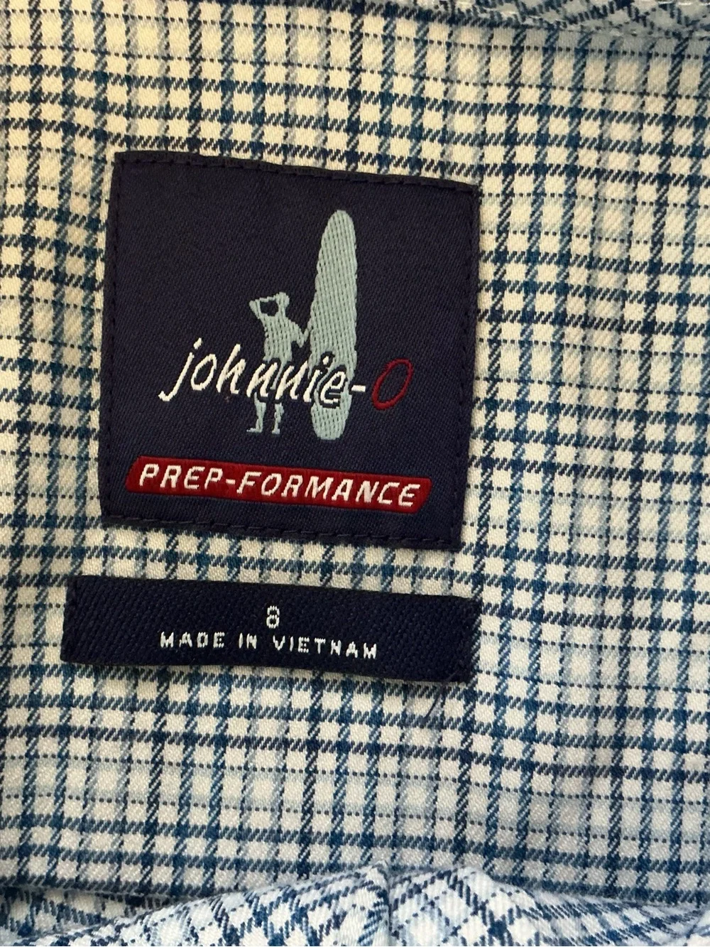 Johnnie-O Prep-Formance Boy Blue Check Long-Sleeve Button-Down Shirt Size 8 NWOT
